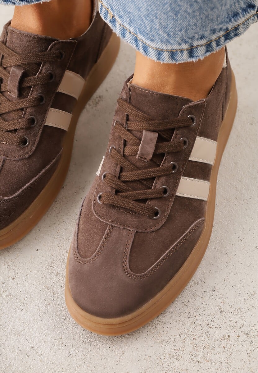 Ciemnobrązowe Sneakersy ze Skóry Naturalnej z Geometrycznym Wzorem Zetisius 3