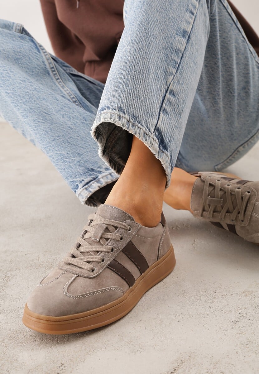 Beżowe Sneakersy ze Skóry Naturalnej z Geometrycznym Wzorem Zetisius 1