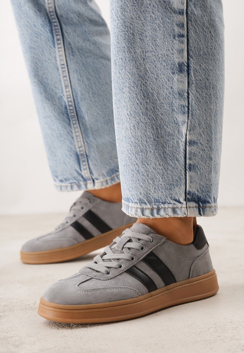 Szare Sneakersy ze Skóry Naturalnej z Geometrycznym Wzorem Zetisius 1