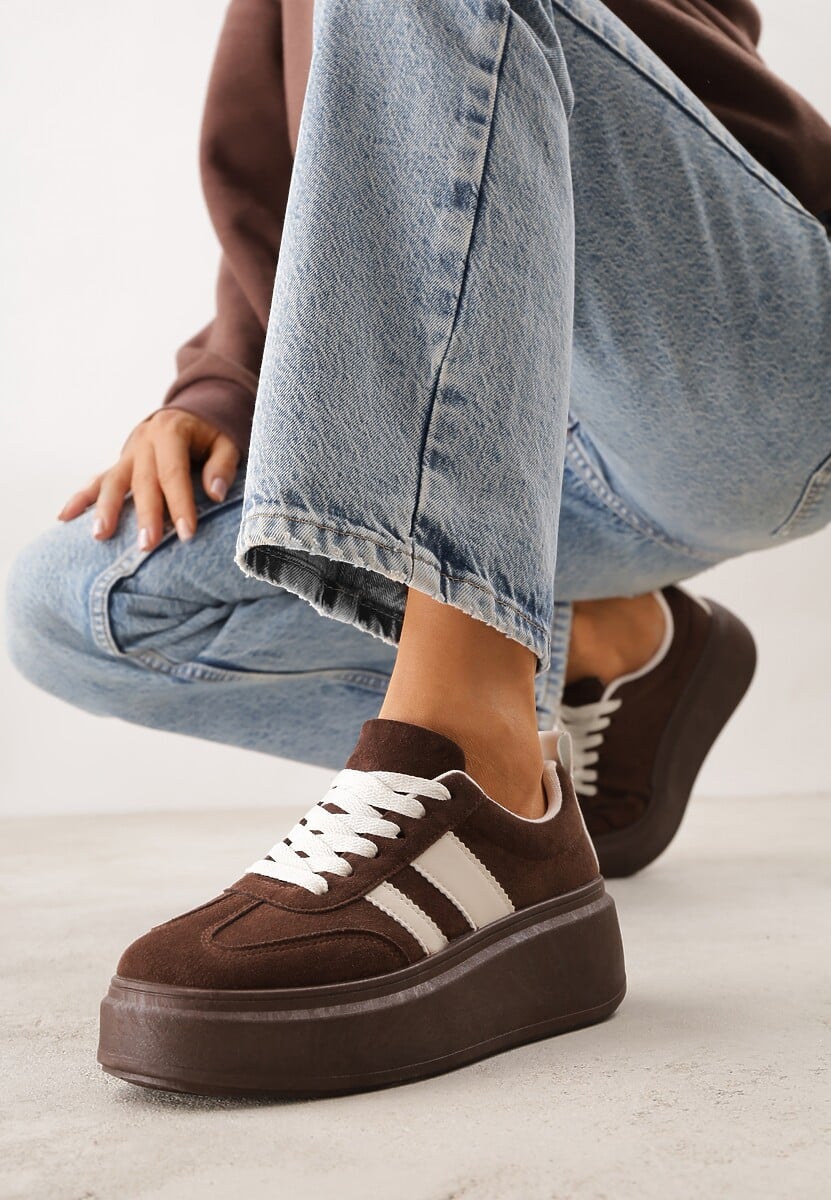 Brązowe Sneakersy Klasyczne Tenisówki na Grubej Podeszwie z Koturnem Adessia 2