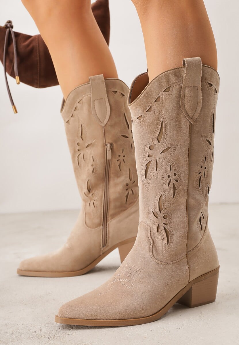 Ciemnobeżowe Ażurowe Botki Kowbojki na Stożku z Imitacji Zamszu Hephiane 1