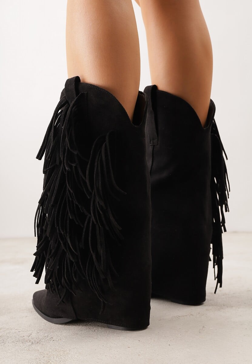Czarne Botki Kowbojki na Słupku Ozdobione Frędzlami  i Wywiniętą Cholewką Aedime 3