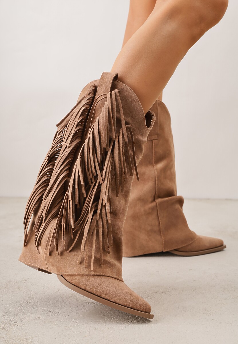 Brązowe Botki Kowbojki na Słupku Ozdobione Frędzlami  i Wywiniętą Cholewką Aedime 1