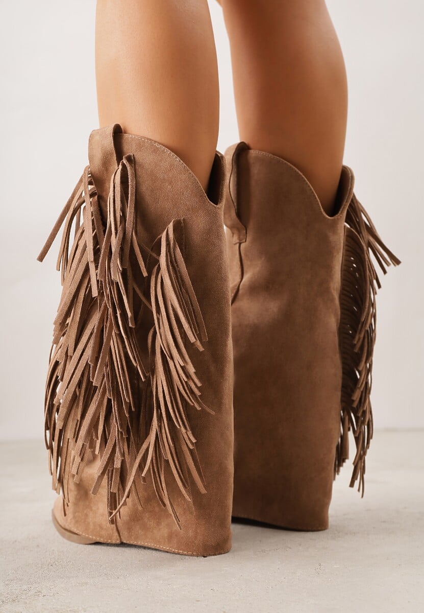 Brązowe Botki Kowbojki na Słupku Ozdobione Frędzlami  i Wywiniętą Cholewką Aedime 3