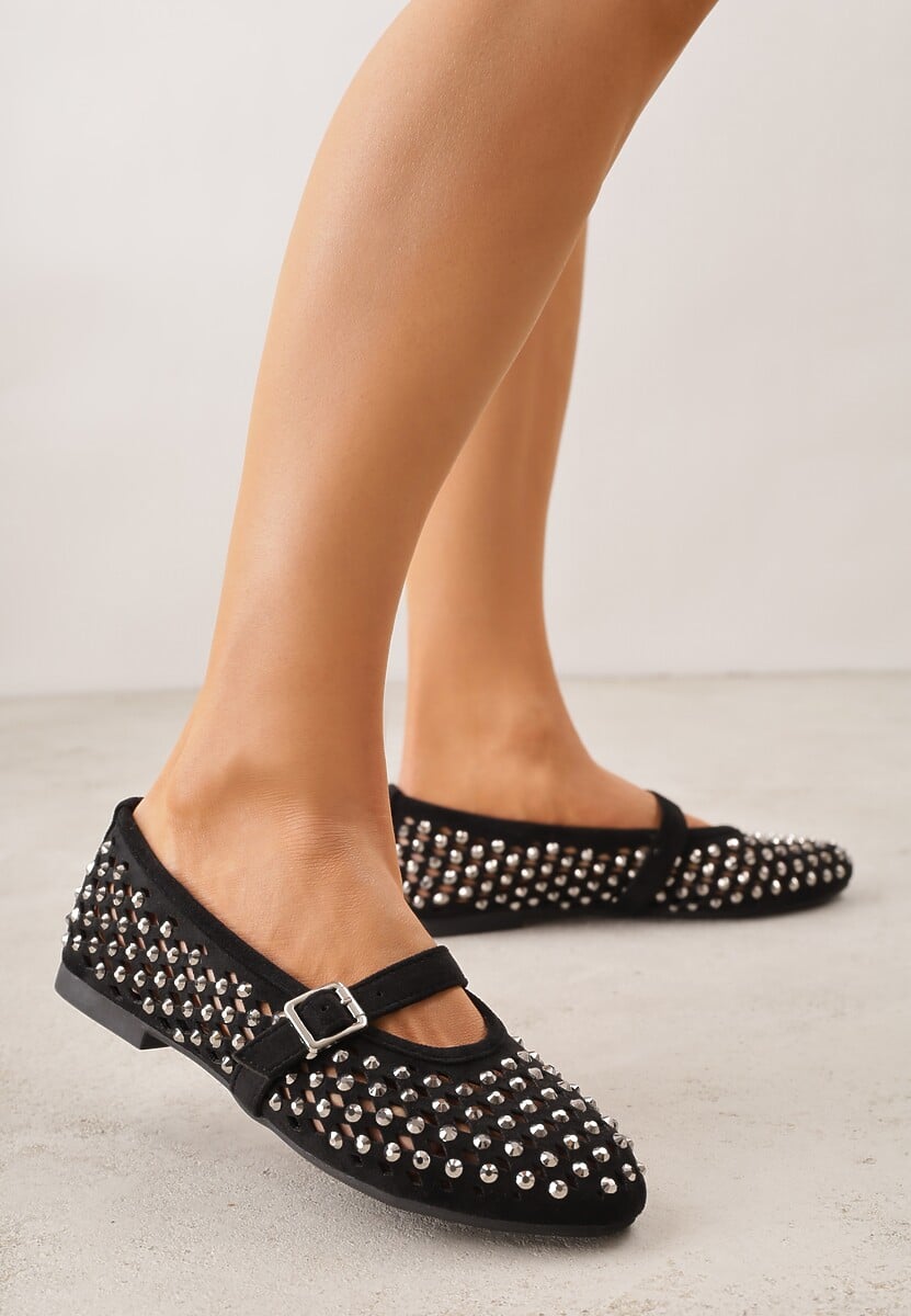 Czarne Balerinki w Stylu Mary Jane z Cyrkoniami i Ażurową Cholewką Lyphenne 1