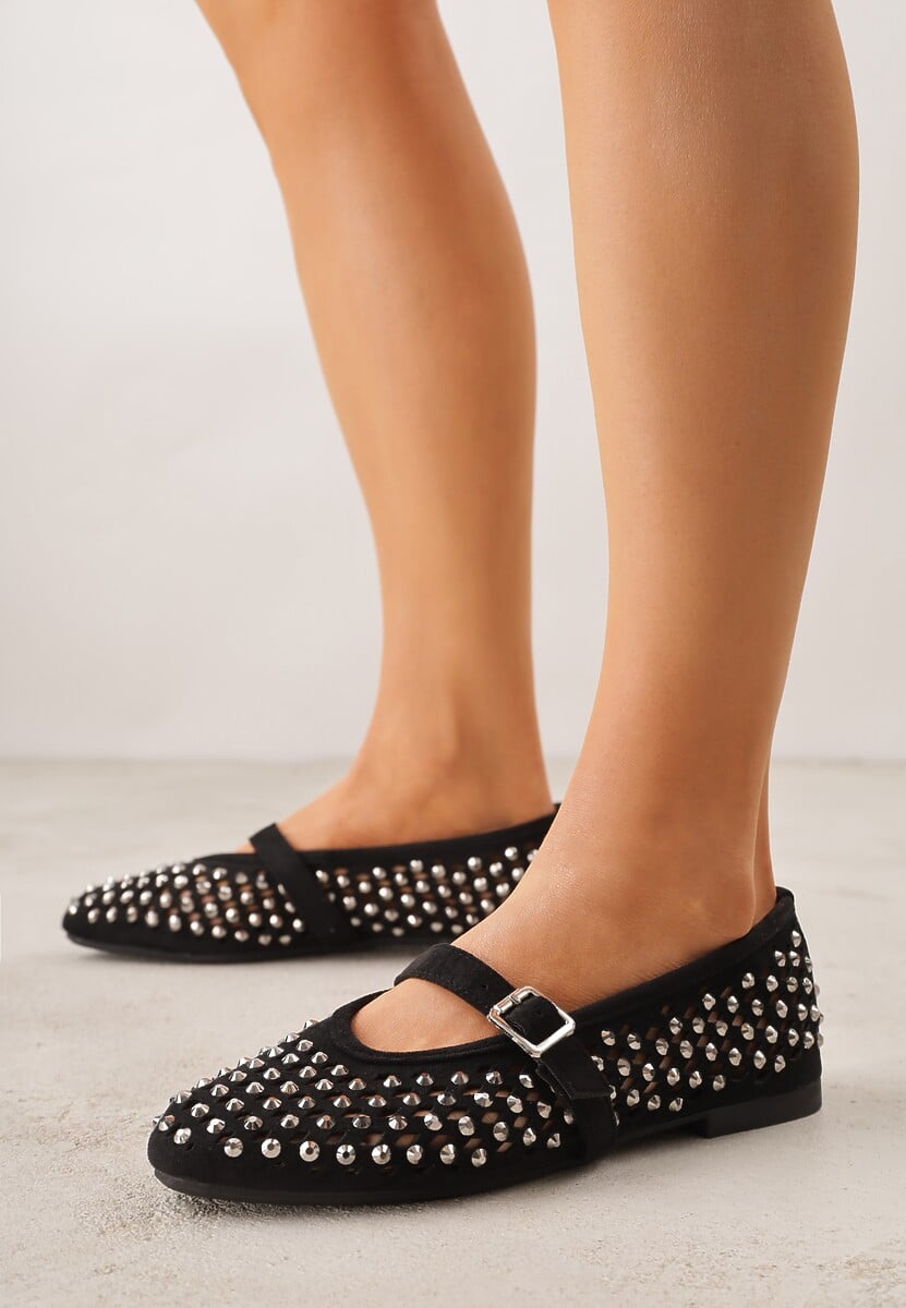 Czarne Balerinki w Stylu Mary Jane z Cyrkoniami i Ażurową Cholewką Lyphenne 2