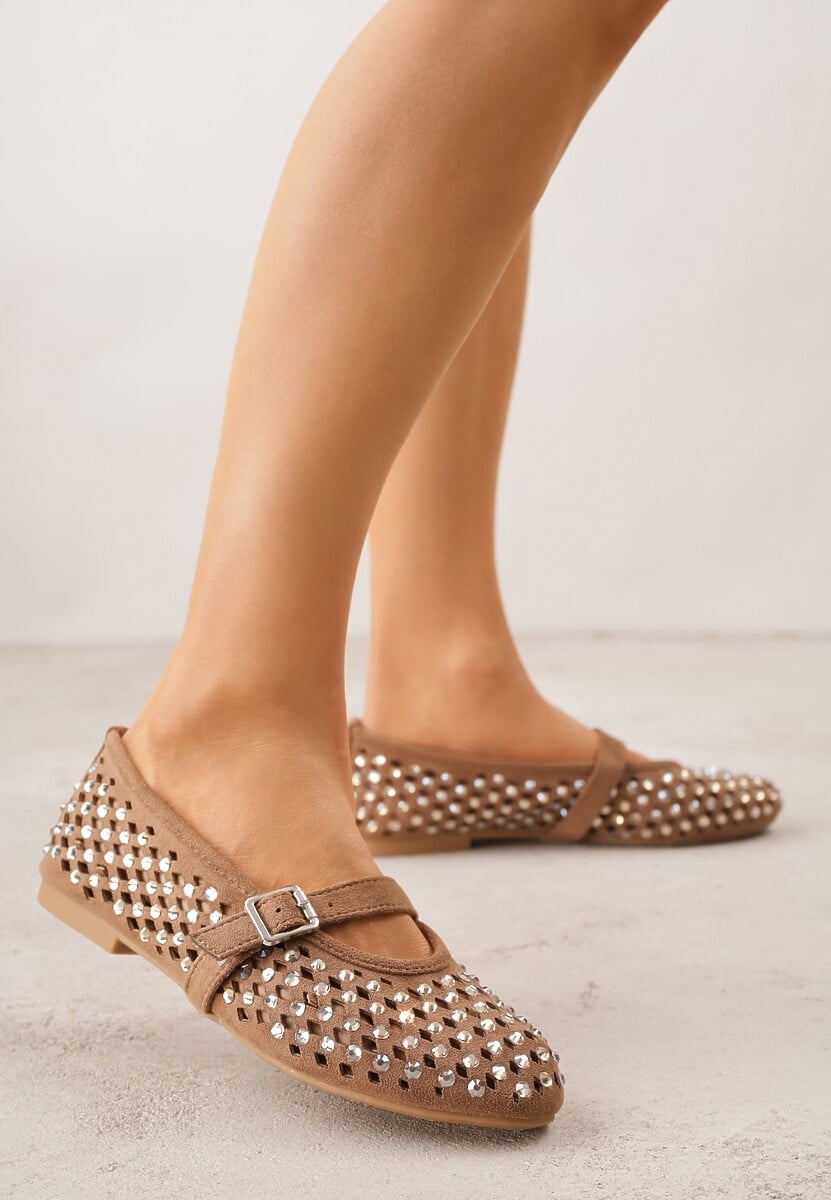 Brązowe Balerinki w Stylu Mary Jane z Cyrkoniami i Ażurową Cholewką Lyphenne 2