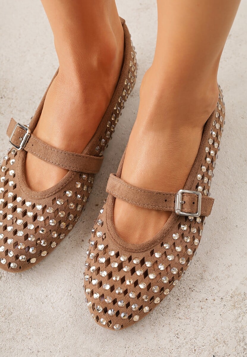 Brązowe Balerinki w Stylu Mary Jane z Cyrkoniami i Ażurową Cholewką Lyphenne 3