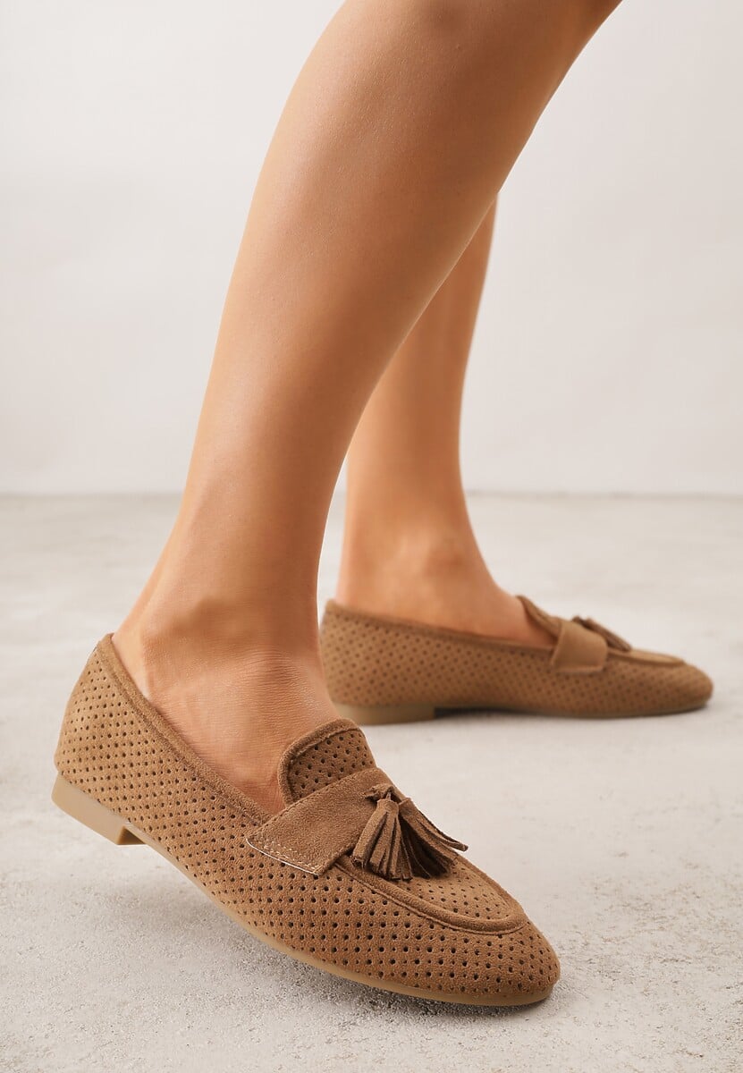 Jasnobrązowe Perforowane Mokasyny z Imitacji Zamszu Zdobione Frędzlami Vaeliane 1