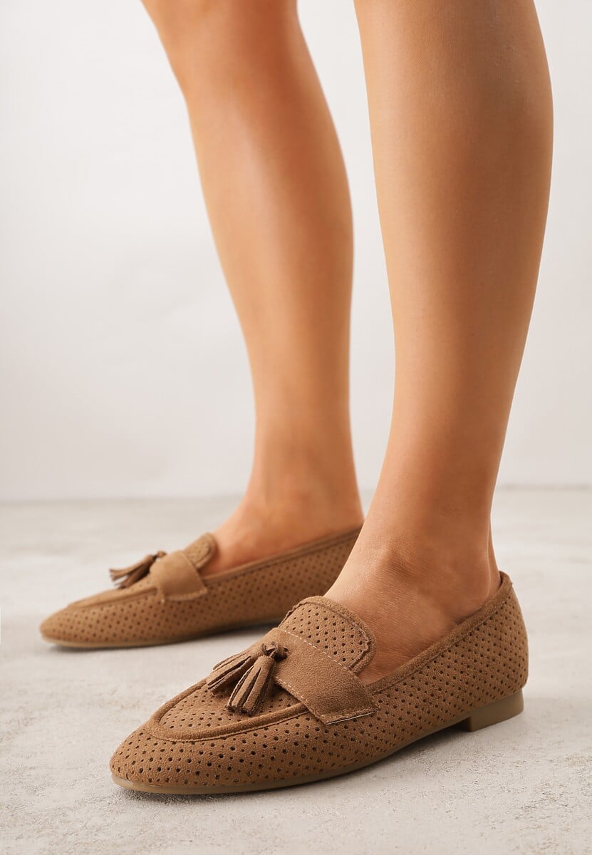 Jasnobrązowe Perforowane Mokasyny z Imitacji Zamszu Zdobione Frędzlami Vaeliane 2