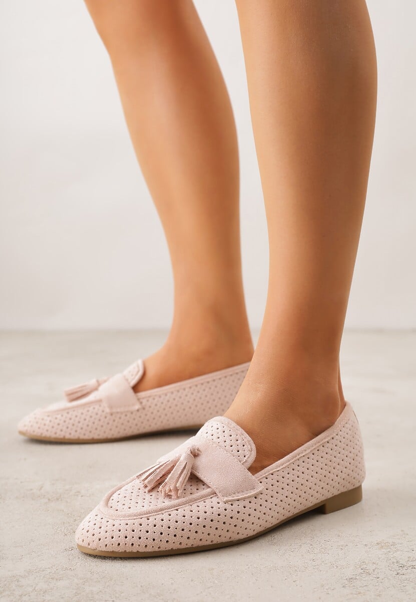 Różowe Perforowane Mokasyny z Imitacji Zamszu Zdobione Frędzlami Vaeliane 1