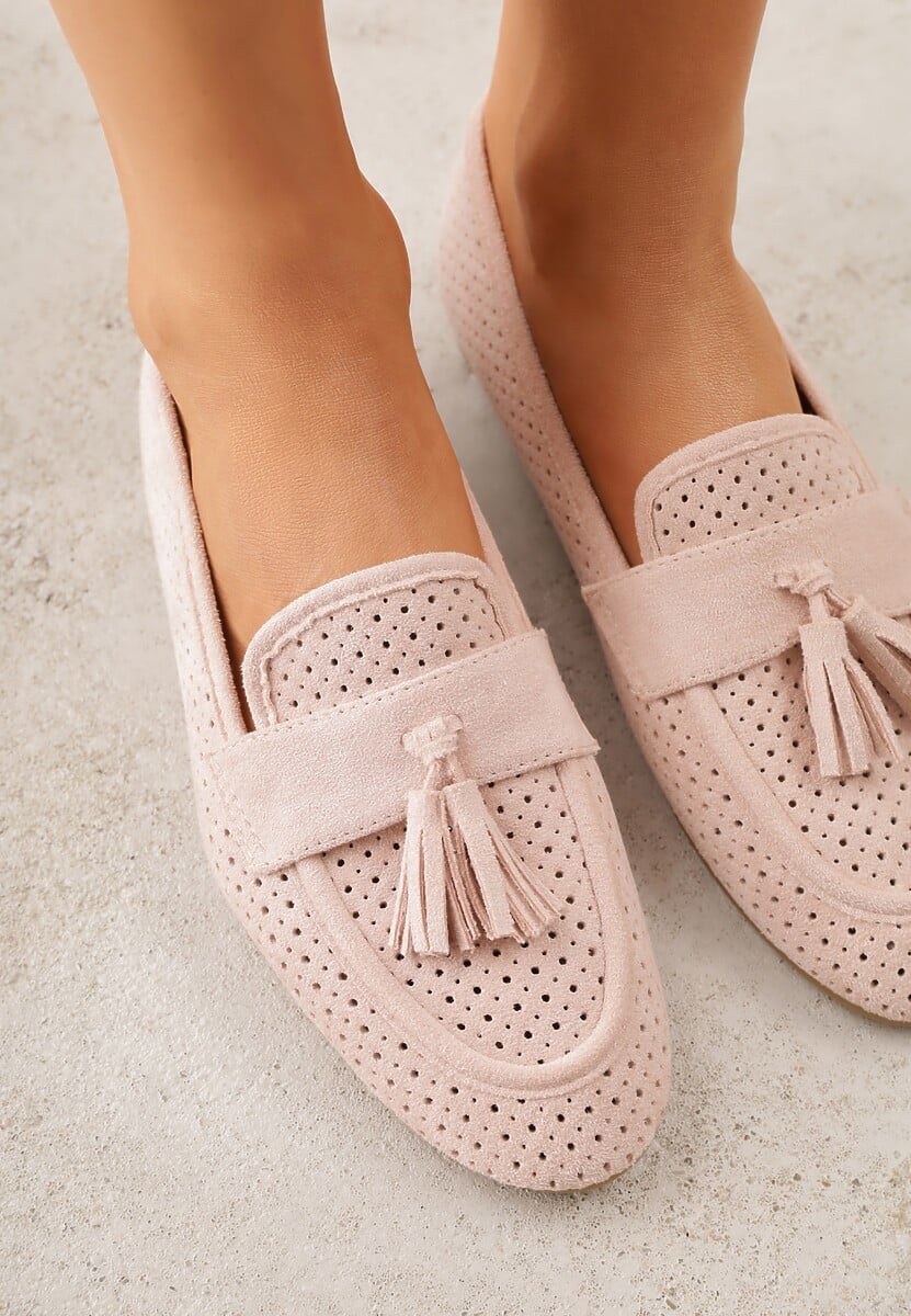 Różowe Perforowane Mokasyny z Imitacji Zamszu Zdobione Frędzlami Vaeliane 3