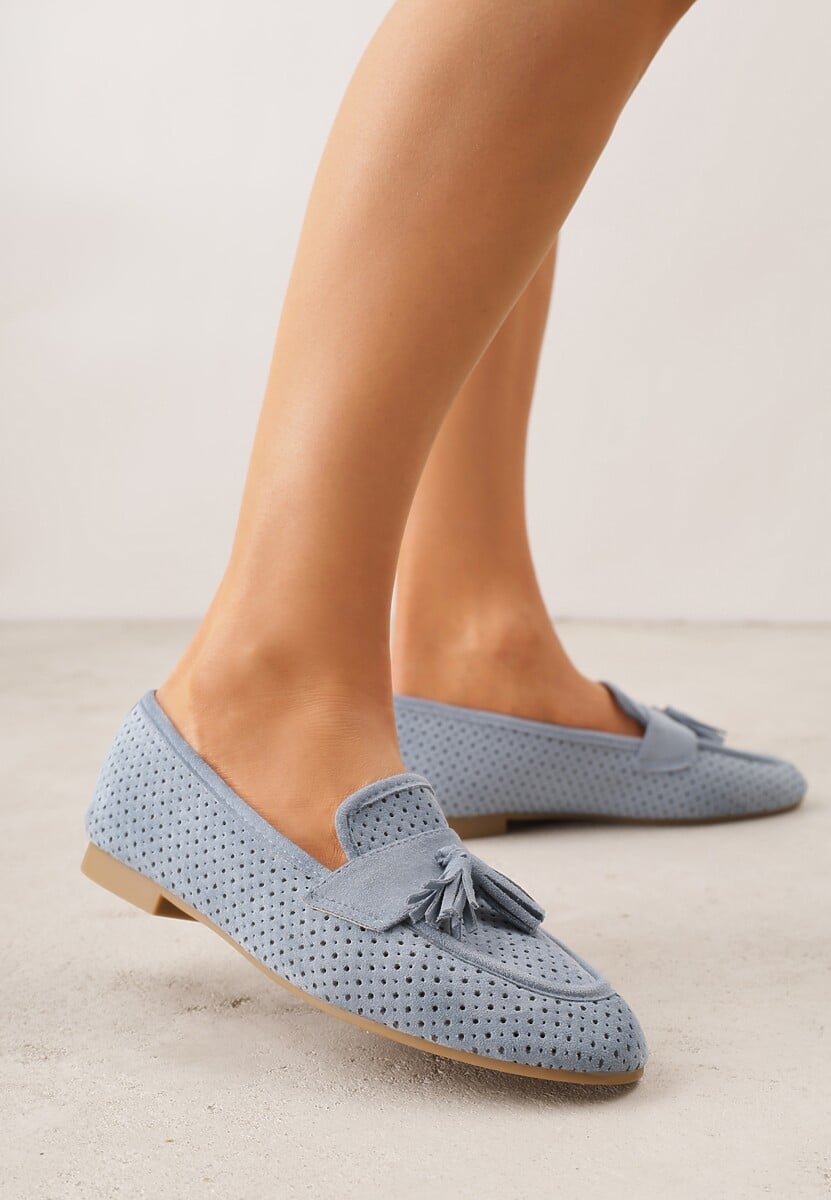Niebieskie Perforowane Mokasyny z Imitacji Zamszu Zdobione Frędzlami Vaeliane 1