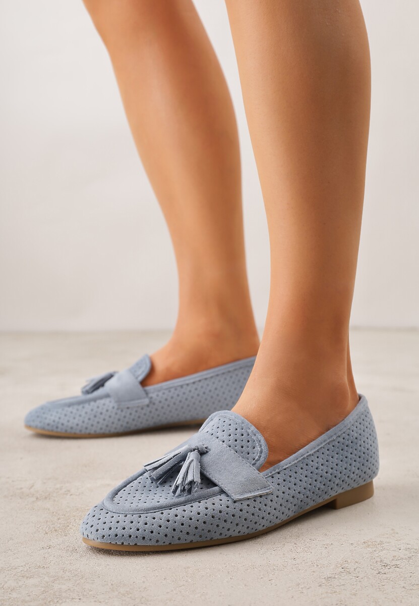 Niebieskie Perforowane Mokasyny z Imitacji Zamszu Zdobione Frędzlami Vaeliane 2