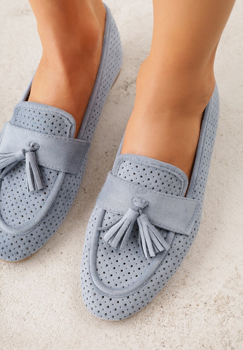 Niebieskie Perforowane Mokasyny z Imitacji Zamszu Zdobione Frędzlami Vaeliane 3