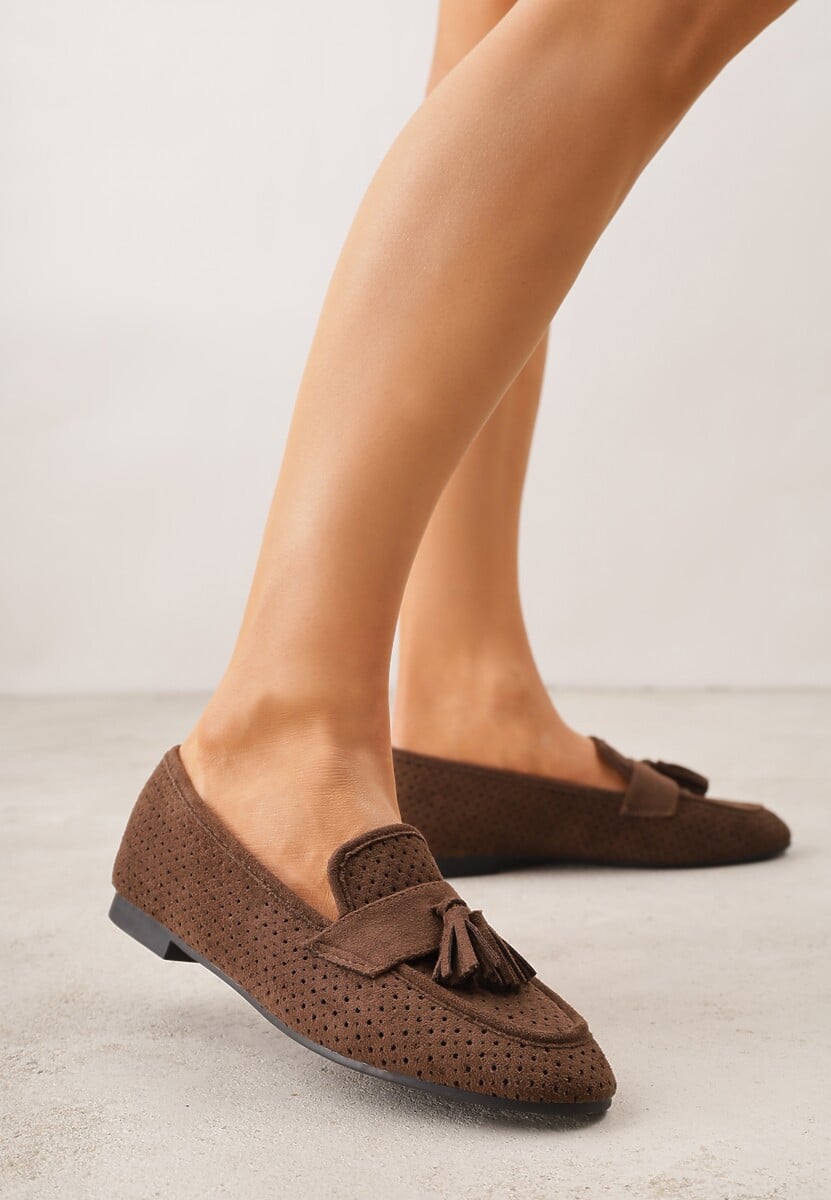 Brązowe Perforowane Mokasyny z Imitacji Zamszu Zdobione Frędzlami Vaeliane 1