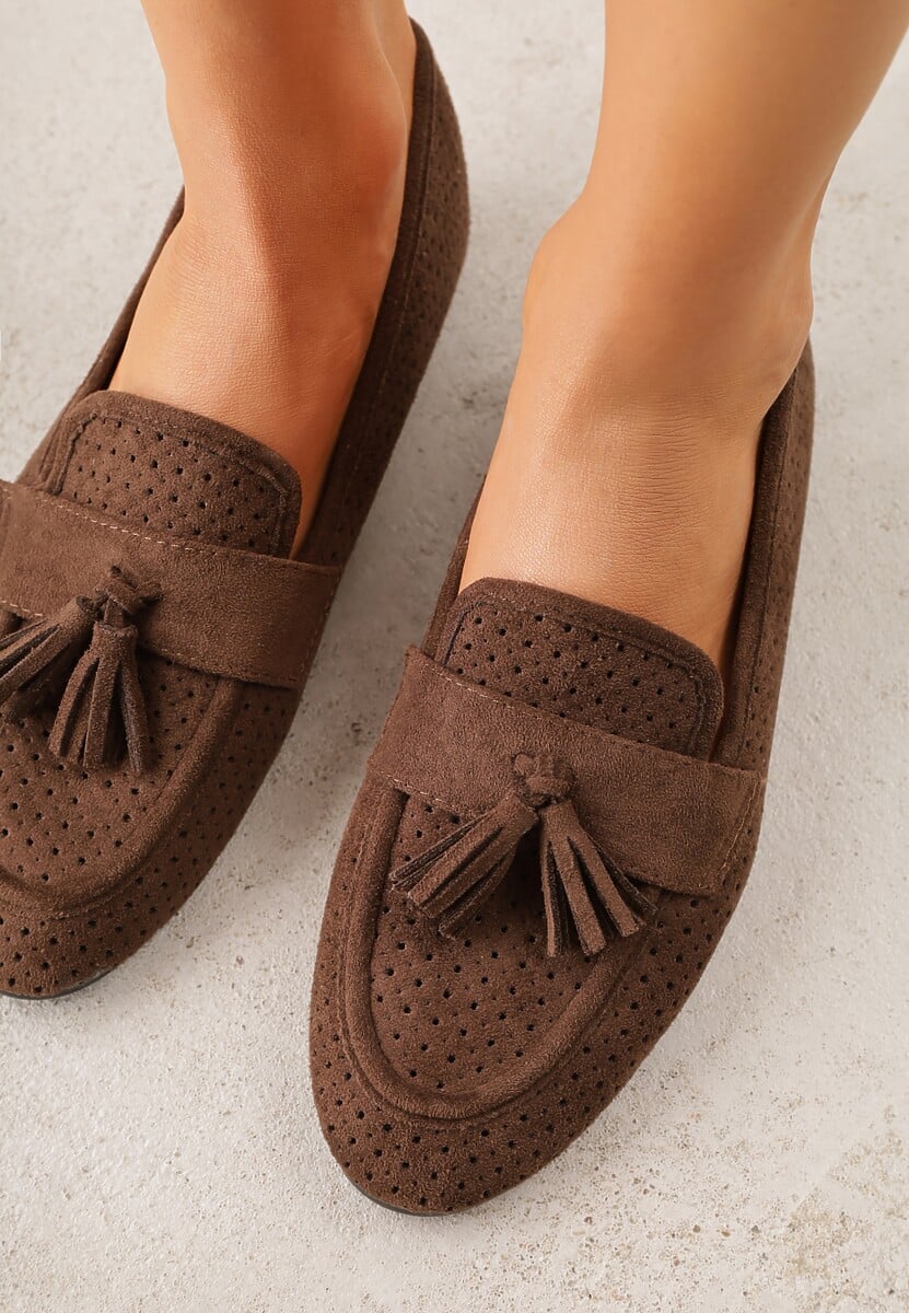 Brązowe Perforowane Mokasyny z Imitacji Zamszu Zdobione Frędzlami Vaeliane 3