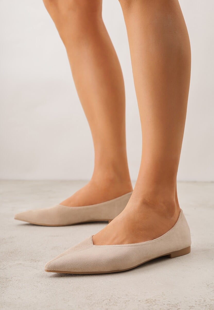 Beżowe Balerinki z Imitacji Zamszu ze Szpiczastym Noskiem Melikel 2