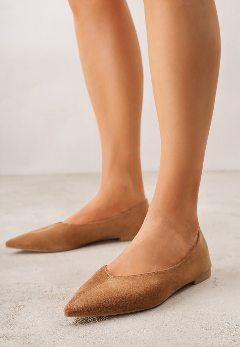 Jasnobrązowe Balerinki z Imitacji Zamszu ze Szpiczastym Noskiem Melikel 1