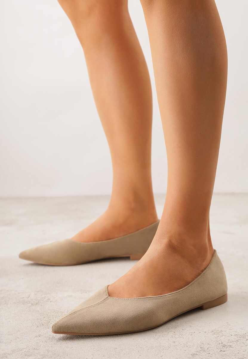 Ciemnobeżowe Balerinki z Imitacji Zamszu ze Szpiczastym Noskiem Melikel 2