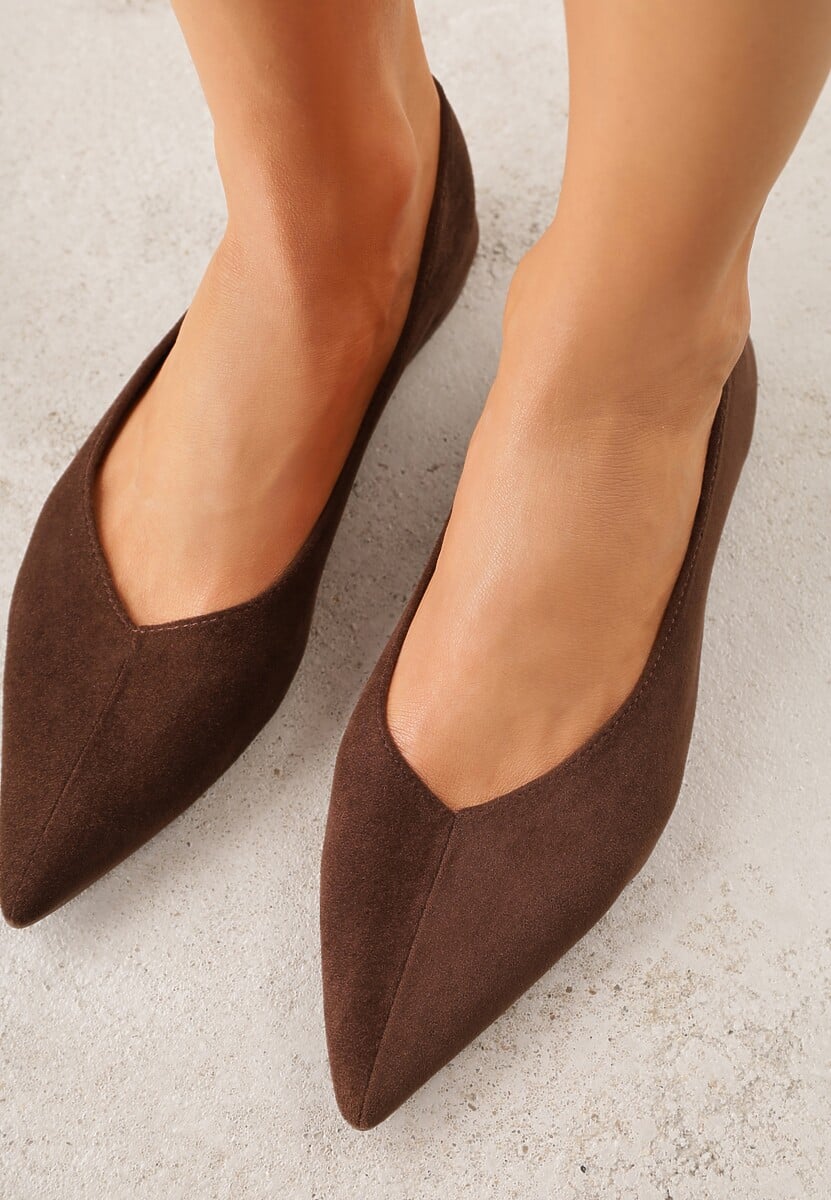 Brązowe Balerinki z Imitacji Zamszu ze Szpiczastym Noskiem Melikel 3