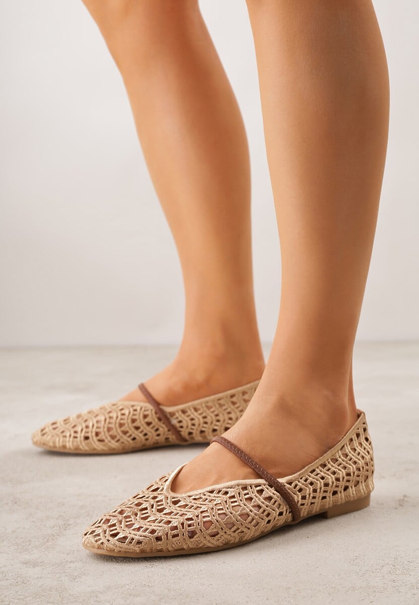 Beżowe Balerinki Mary Jane z Ażurową Cholewką Imitującą Plecionkę Timina 1