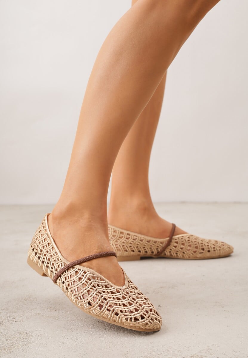 Beżowe Balerinki Mary Jane z Ażurową Cholewką Imitującą Plecionkę Timina 2
