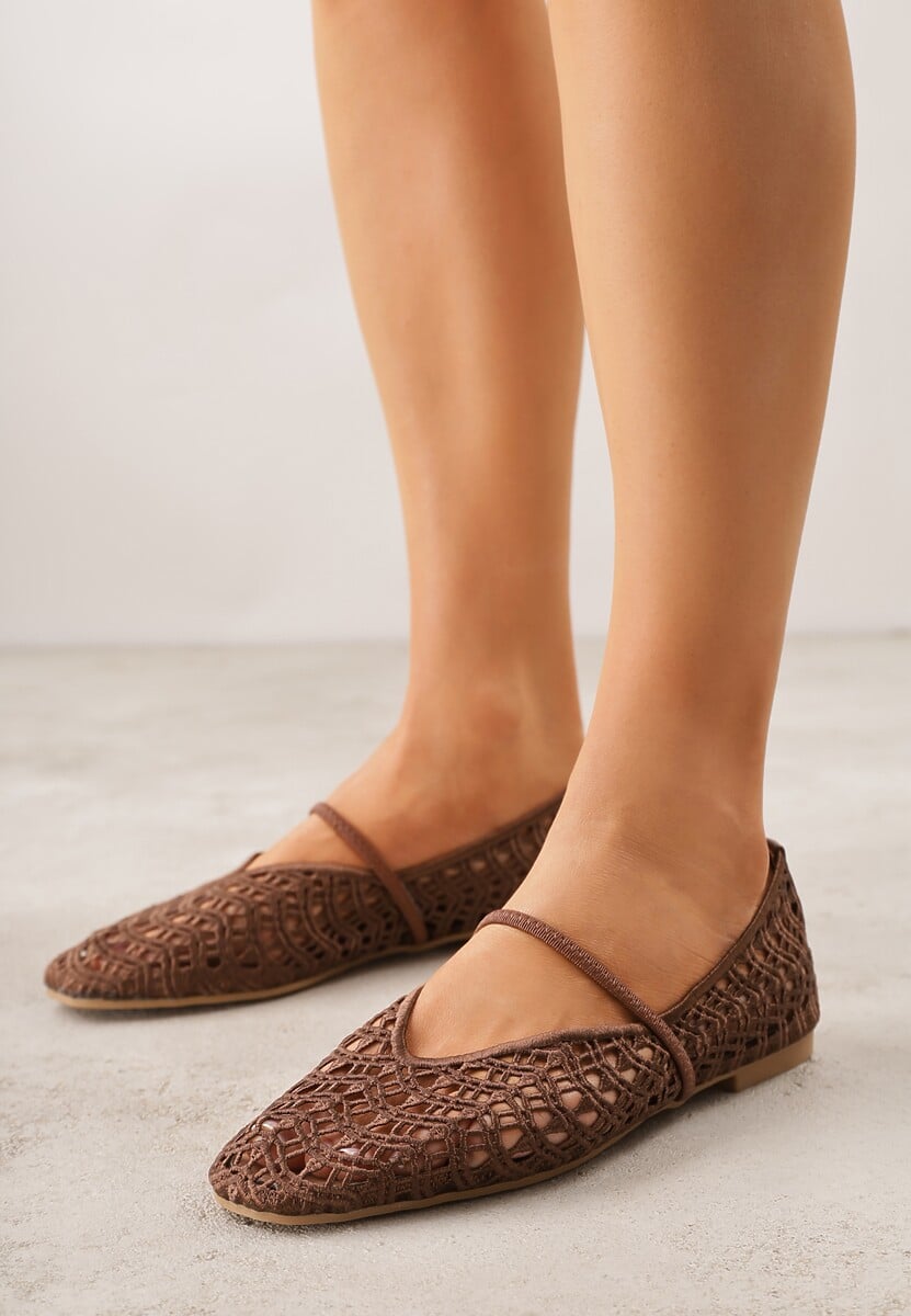 Brązowe Balerinki Mary Jane z Ażurową Cholewką Imitującą Plecionkę Timina 2