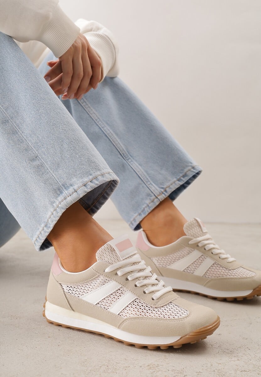 Beżowe Klasyczne Sneakersy Zdobione Siateczkowymi Wstawkami Eilshoy 1