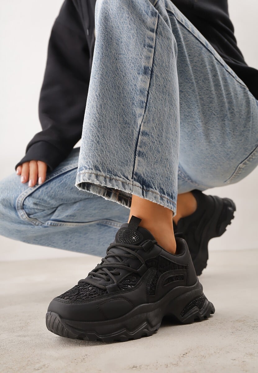 Czarne Sneakersy na Platformie Ozdobione Cyrkoniami i Koronką Antea 1