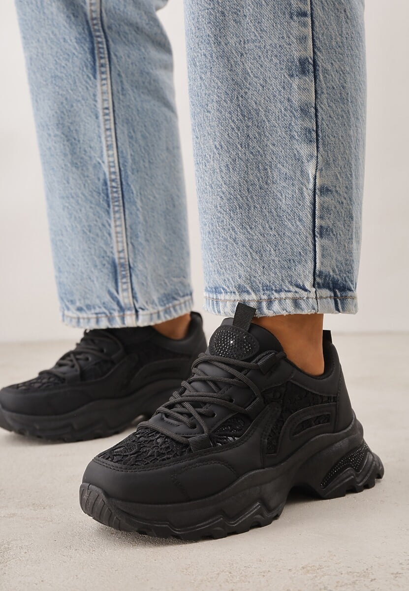 Czarne Sneakersy na Platformie Ozdobione Cyrkoniami i Koronką Antea 2
