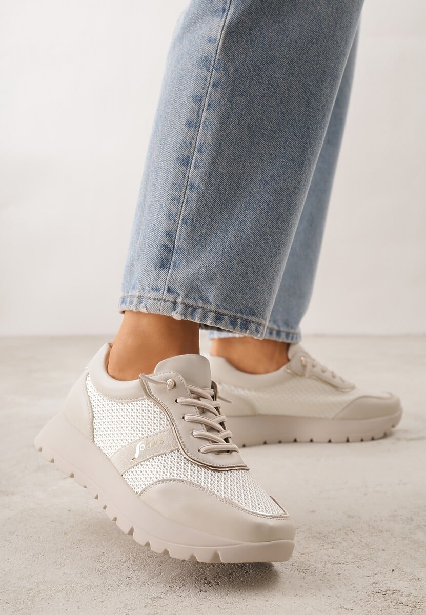 Beżowe Sneakersy na Platformie z Wkładką ze Skóry Naturalnej i Napisam Haidena 1