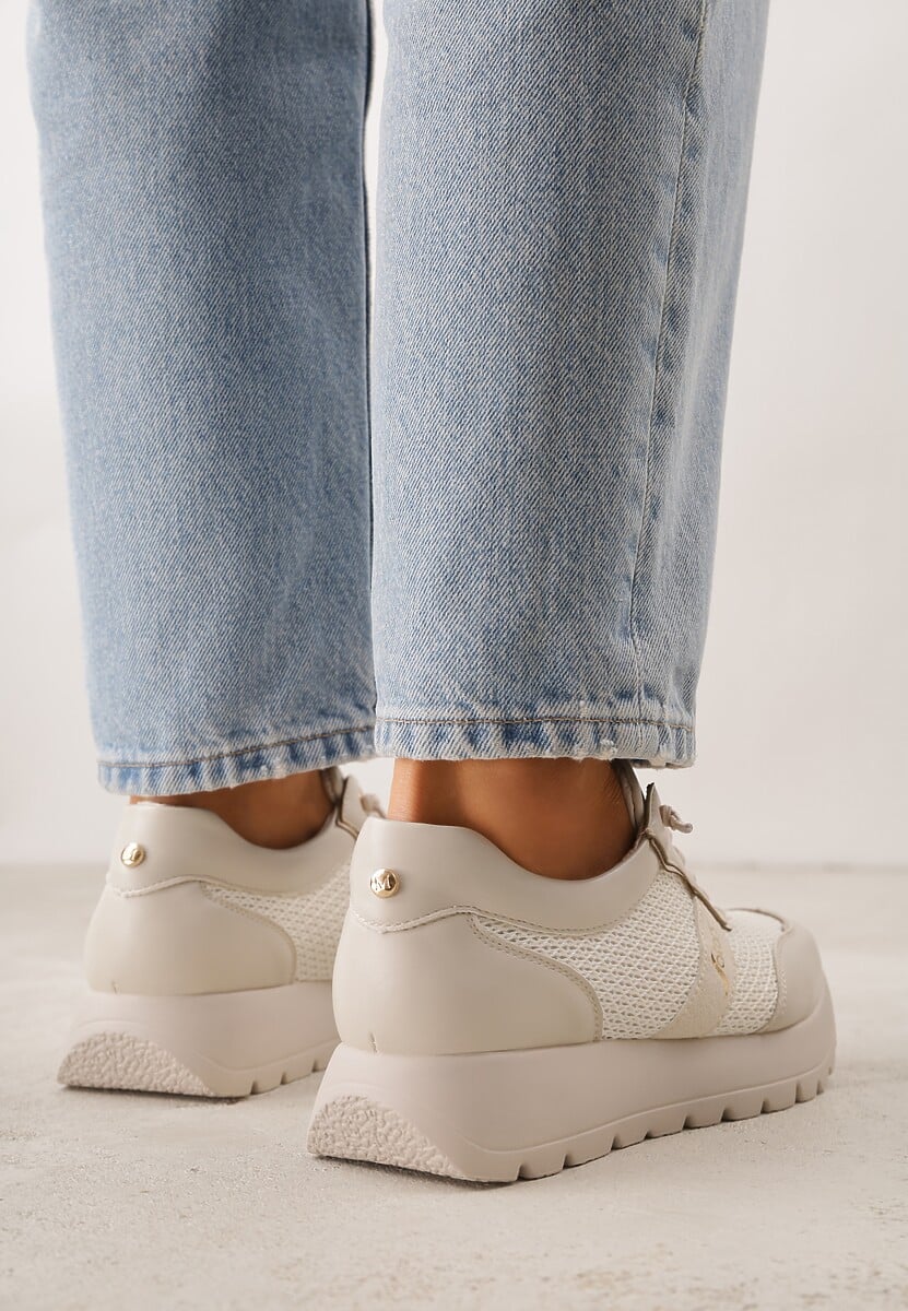 Beżowe Sneakersy na Platformie z Wkładką ze Skóry Naturalnej i Napisam Haidena 3