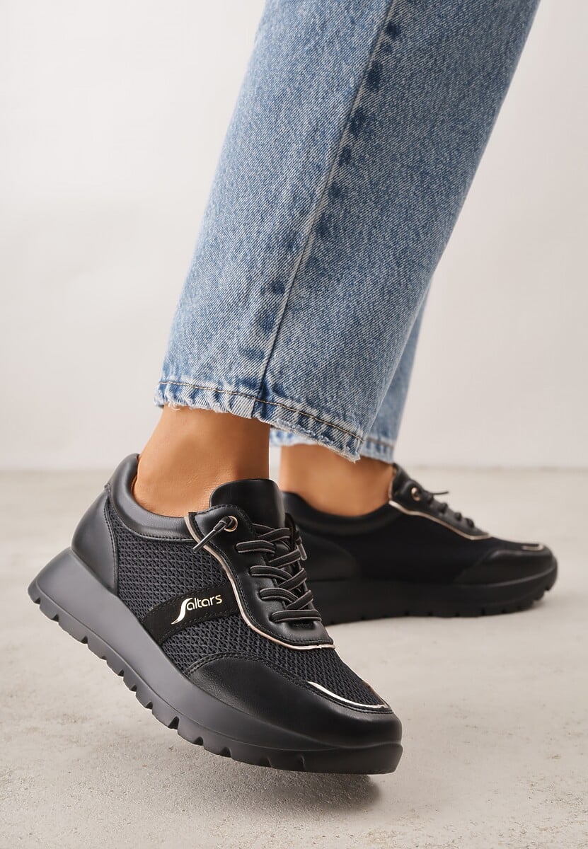 Czarne Sneakersy na Platformie z Wkładką ze Skóry Naturalnej i Napisam Haidena 1