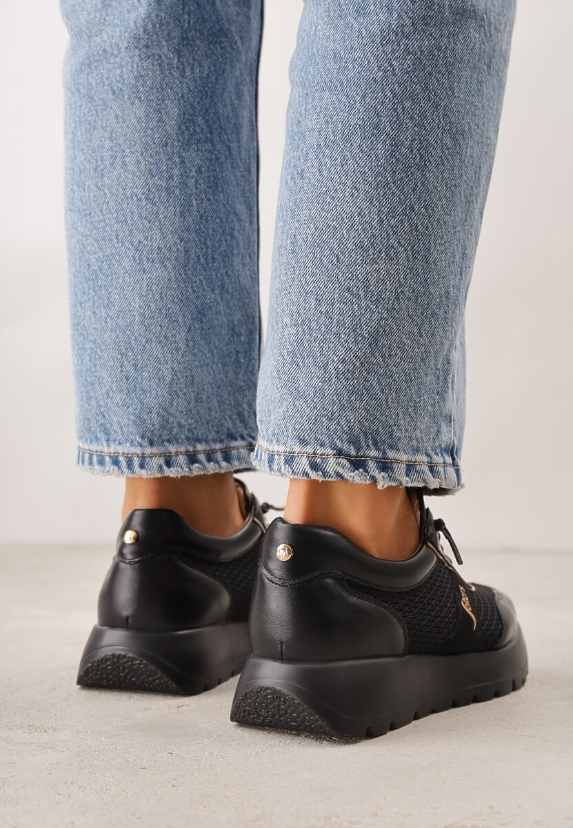 Czarne Sneakersy na Platformie z Wkładką ze Skóry Naturalnej i Napisam Haidena 3