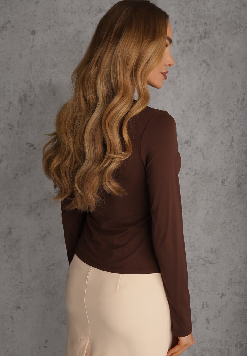 Brązowa Dopasowana Bluzka Typu Longsleeve z Bawełną Moanti 3