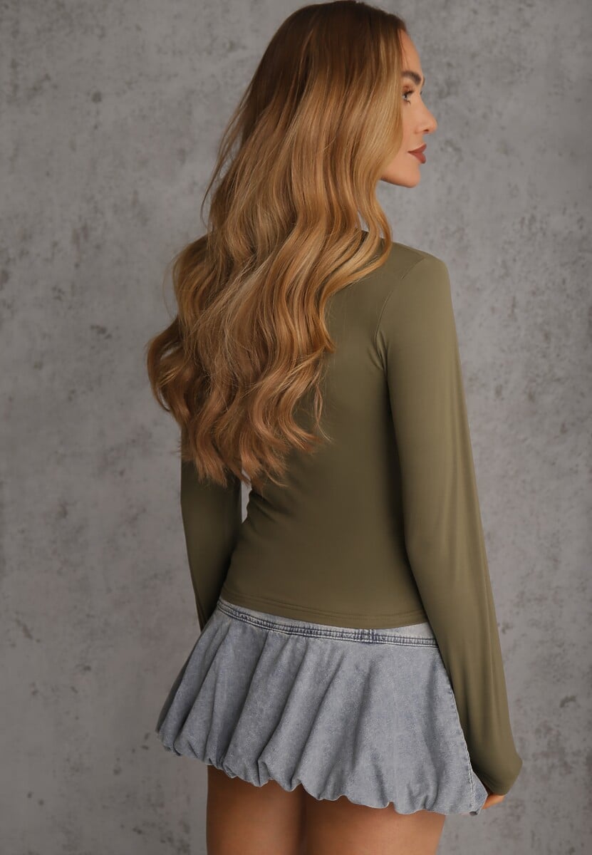 Ciemnozielona Dopasowana Bluzka Typu Longsleeve z Bawełną Moanti 3