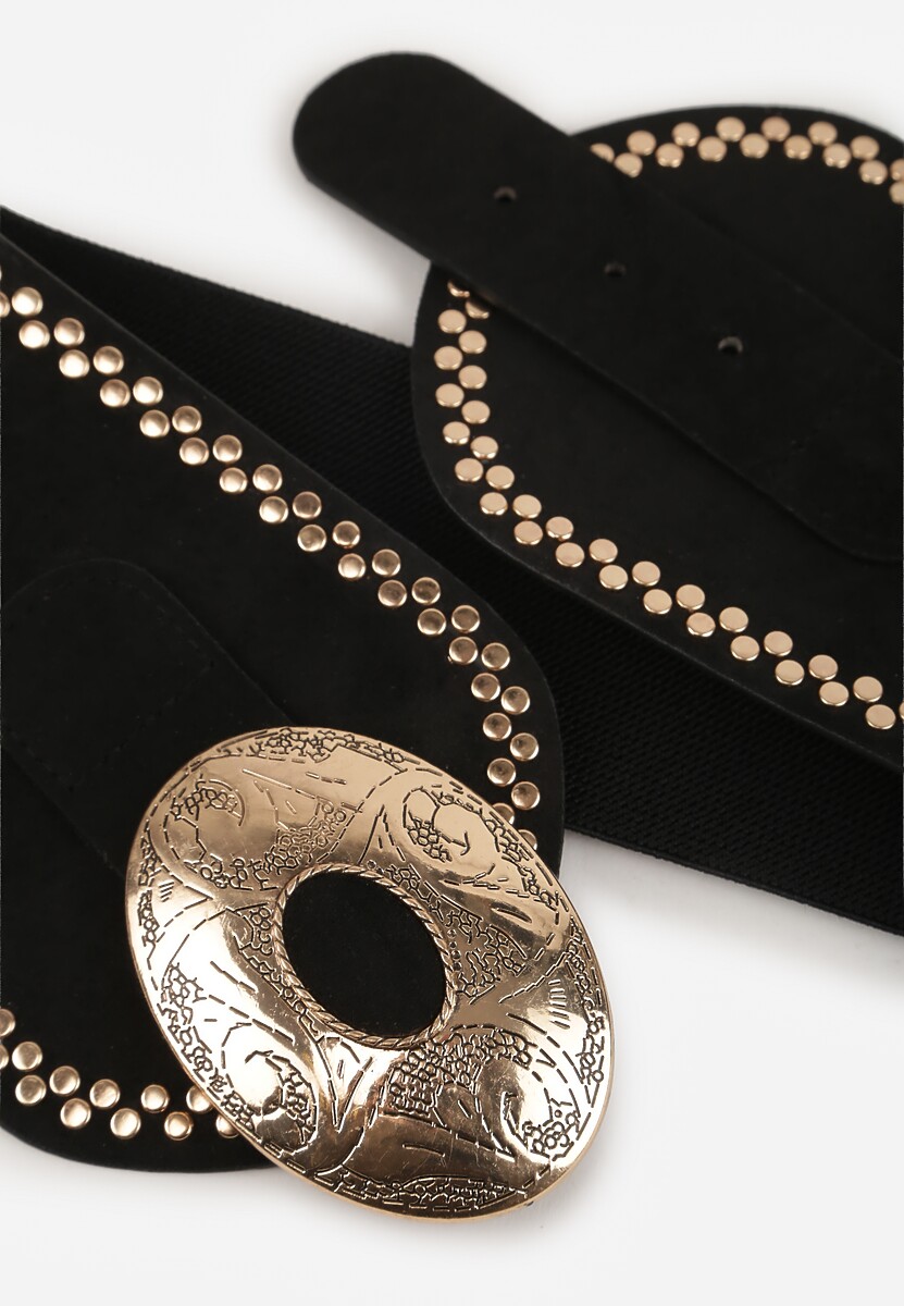 Czarny Pasek w Stylu Western z Metaliczną Klamrą z Tłoczeniem i Nitami Pretigala 2