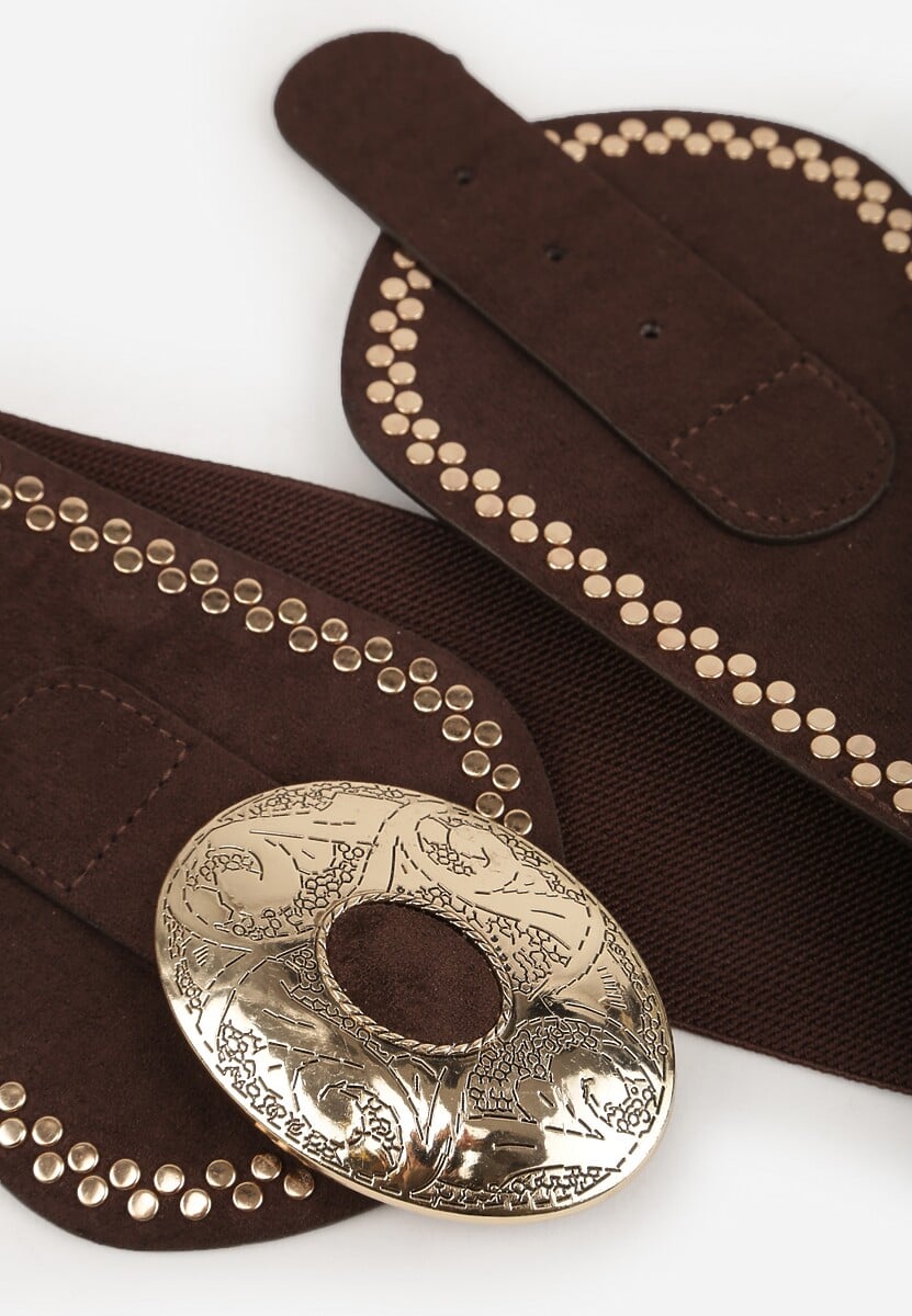 Brązowy Pasek w Stylu Western z Metaliczną Klamrą z Tłoczeniem i Nitami Pretigala 2