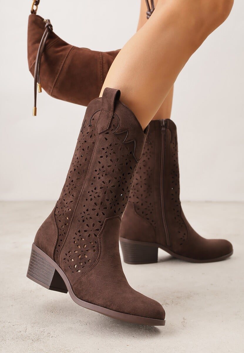 Brązowe Botki Kowbojki na Słupku z Ażurową Cholewką Ravsemi 1