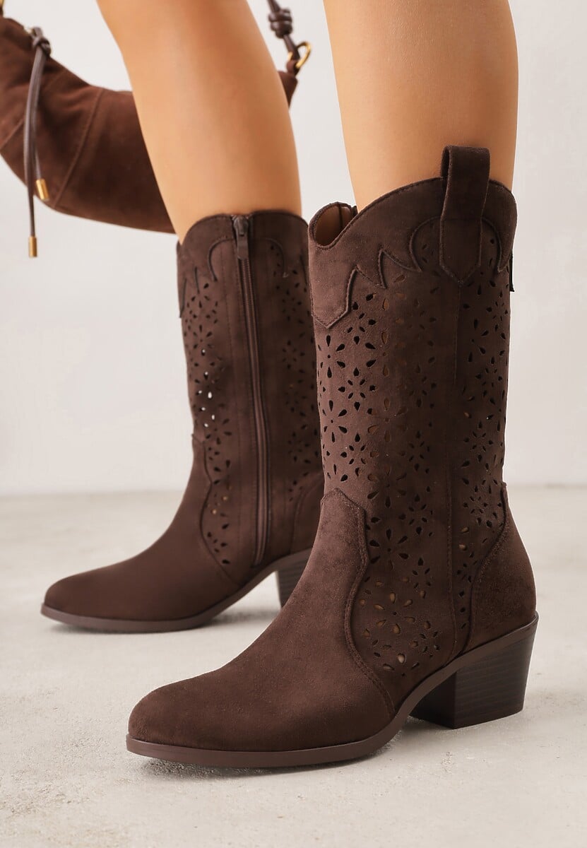 Brązowe Botki Kowbojki na Słupku z Ażurową Cholewką Ravsemi 2