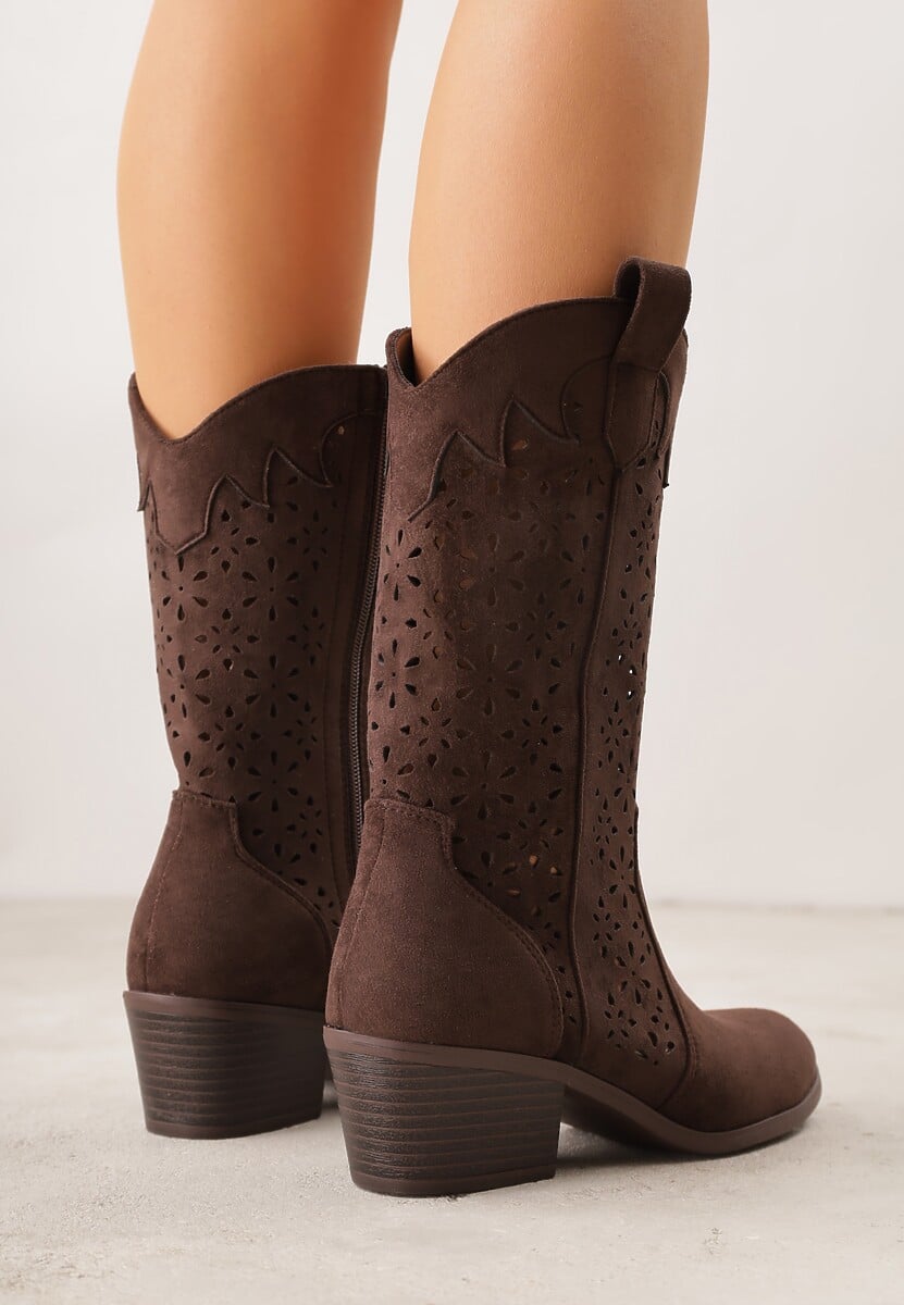 Brązowe Botki Kowbojki na Słupku z Ażurową Cholewką Ravsemi 3