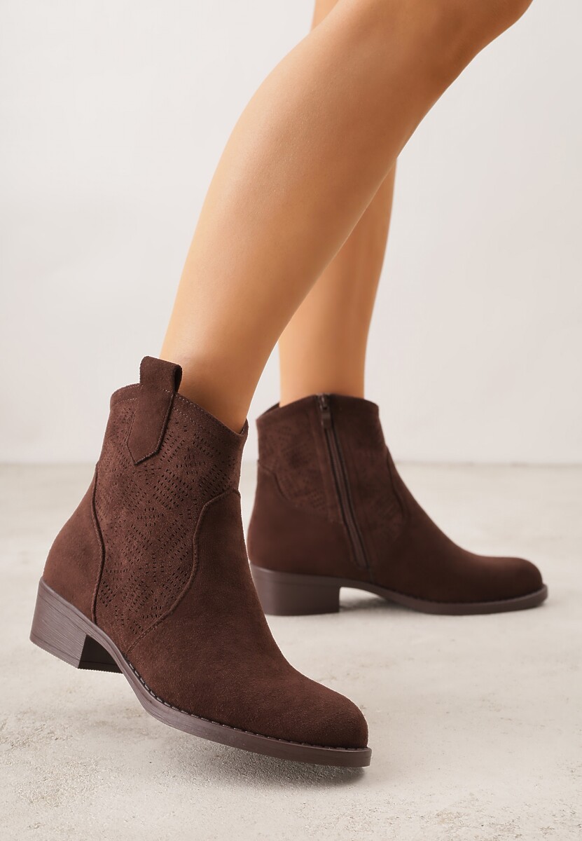 Brązowe Ażurowe Botki na Słupku Typu Kowbojki Iolerine 1