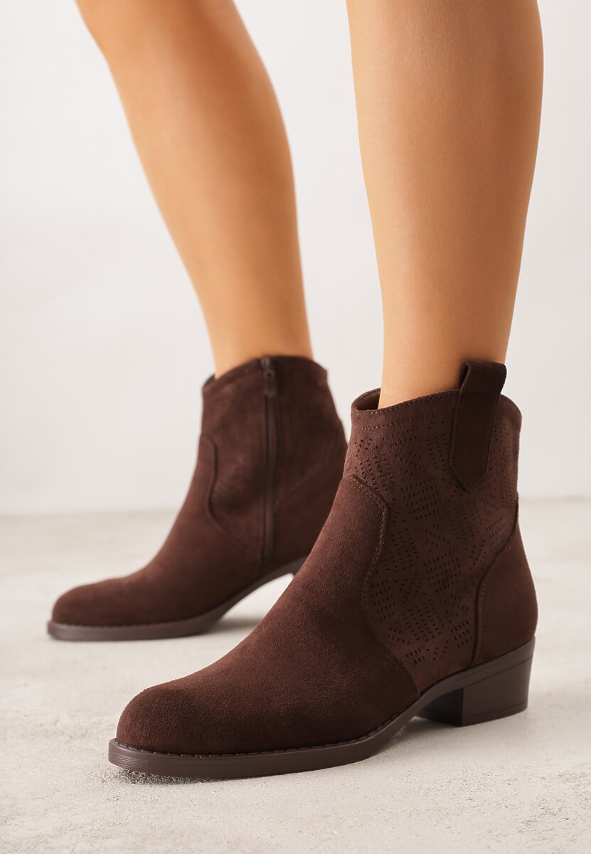 Brązowe Ażurowe Botki na Słupku Typu Kowbojki Iolerine 2
