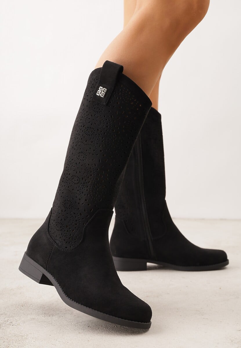 Czarne Ażurowe Botki z Geometryczną Ozdobą Naeraste 1