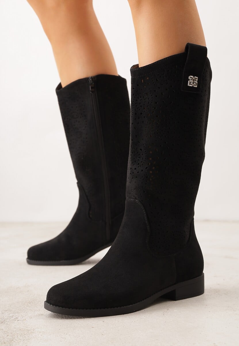 Czarne Ażurowe Botki z Geometryczną Ozdobą Naeraste 2