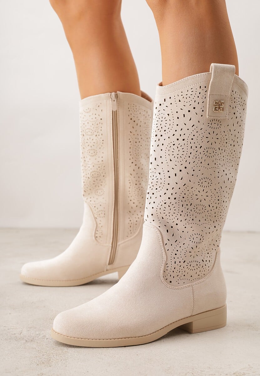 Beżowe Ażurowe Botki z Geometryczną Ozdobą Naeraste 2