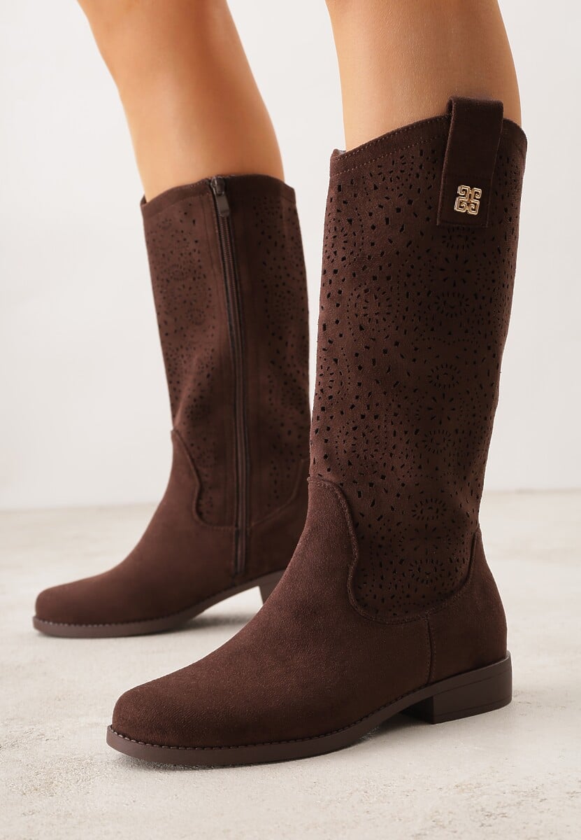 Brązowe Ażurowe Botki z Geometryczną Ozdobą Naeraste 2