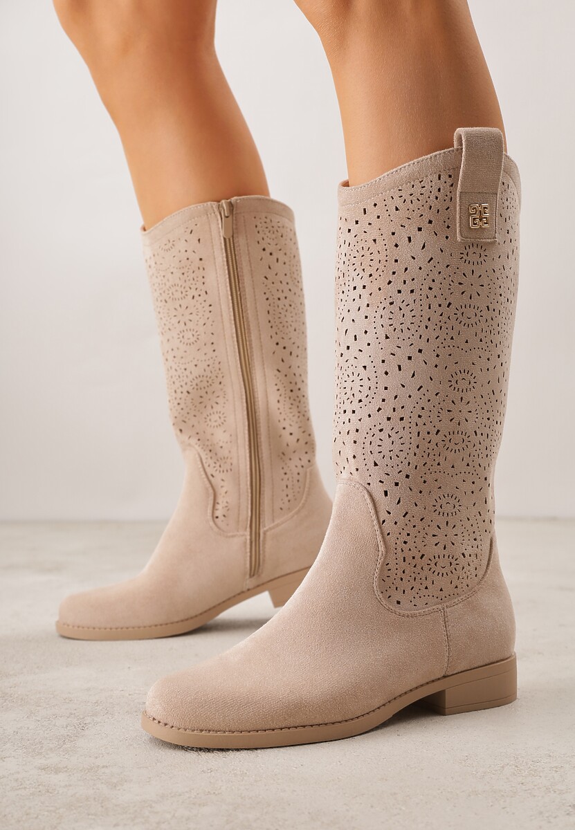 Ciemnobeżowe Ażurowe Botki z Geometryczną Ozdobą Naeraste 2