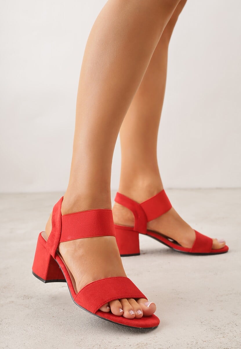 Czerwone Sandały na Kwadratowym Słupku z Imitacji Zamszu Claudie 1